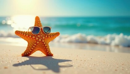 Starfish wearing shades basks in the sun's glow on the beach , sea star, sand, warm