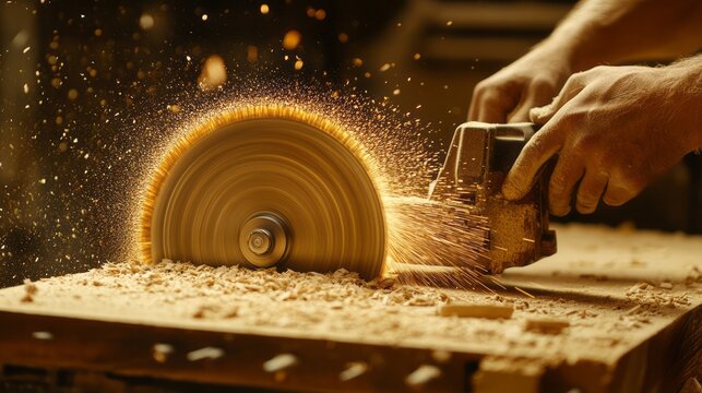 A circular saw cutting wood producing a shower of sawdust