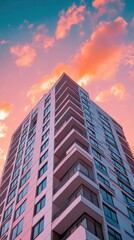 Fototapeta premium Modern high-rise building against a vibrant sunset sky.