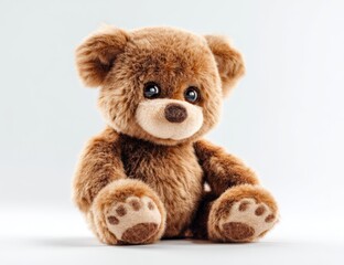 Fototapeta premium Adorable Brown Teddy Bear Sitting Softly on White Background, Perfect Plush Toy for Kids