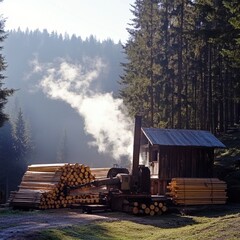 Forest lumber mill scene with cabin, stacked timber, machine, and smoke rising in nature