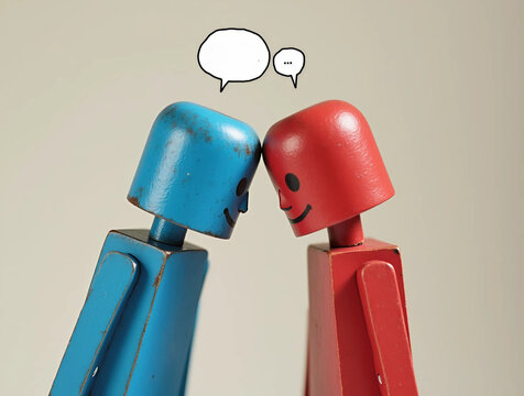 A blue and a red wooden figurine leaning toward each other under a speech bubble, symbolizing dialogue and communication.
