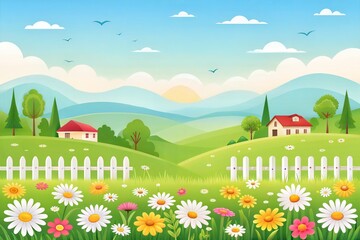 Fototapeta premium Springtime Meadow Landscape with Houses