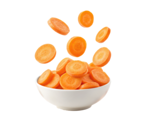 falling carrot slices in white bowl isolated PNG