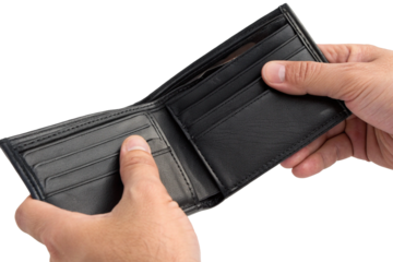 A person holds an open black leather wallet, showcasing its sleek design and multiple card slots.