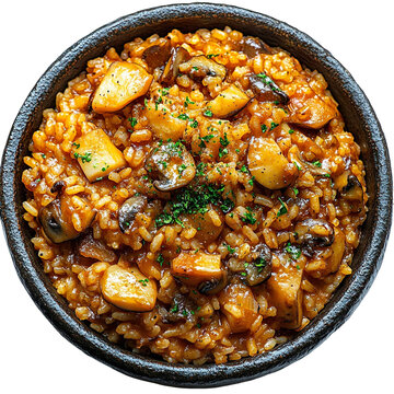Top view of a delicious looking arroz con setas on a dark ceramic dish isolated on a white transparent background.