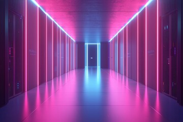 Fototapeta premium Lit corridor Servers align under neon lighting, creating a sci-fi tunnel effect