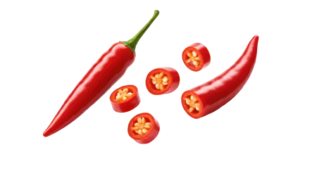 A vibrant display of red chili peppers with slices against a stark black backdrop creating contrast