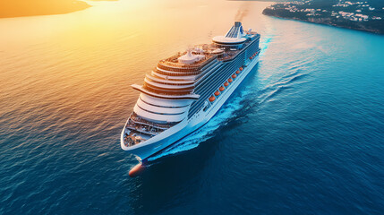 Cruising the Horizon: An expansive cruise ship glides effortlessly across the deep blue sea, illuminated by the warm embrace of the morning sun, representing a journey of leisure and exploration.