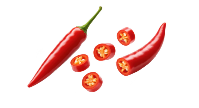 A vibrant display of red chili peppers with slices against a stark black backdrop creating contrast