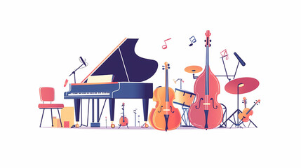 Music Ensemble: A vibrant illustration showcasing a diverse array of musical instruments ready for a lively performance. The grand piano, double bass, drums.