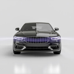 Premium black luxury sedan car isolated on pure white background, front angle, studio lighting, hyper-detailed 3D render, glossy paint, no shadows
