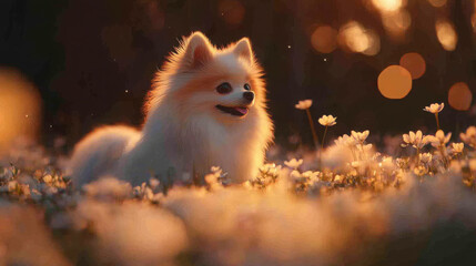 Obraz premium Elegant Pomeranian in a field of springtime flowers, captured from a low perspective