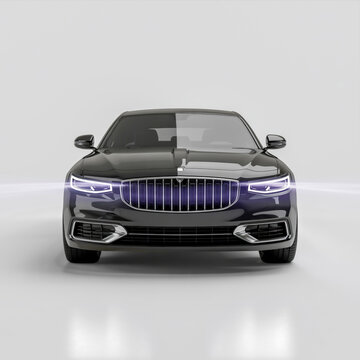 Premium black luxury sedan car isolated on pure white background, front angle, studio lighting, hyper-detailed 3D render, glossy paint, no shadows