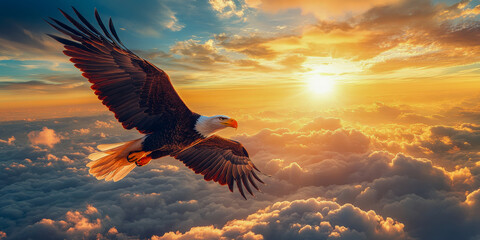 Obraz premium Majestic bald eagle soaring above clouds at sunset