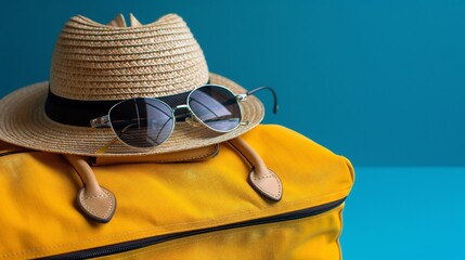 Straw hat, sunglasses atop yellow luggage. Summer vacation essentials