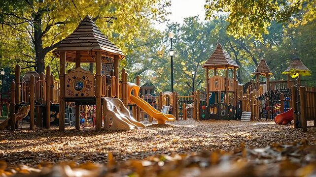 Sunlit autumn playground with wooden structures, slides, and fall leaves