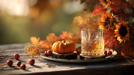 Autumn Harvest Still Life with Whiskey and Rustic Decor on Wooden Table