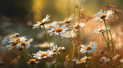 Sunlit Daisies in a Summer Meadow with Natural Warm Tones and Soft Focus