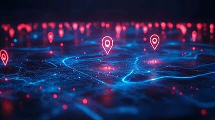 Futuristic Digital Map with Location Pins, Futuristic digital map with glowing red location pins and blue network lines