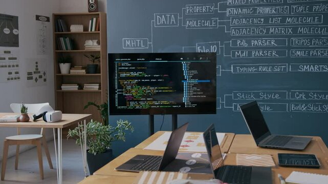 Medium full no people shot of multimedia screen with computer code, blackboard with chalk diagram, laptops on desks, in classroom ready for programming lesson in middle school