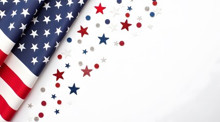 Obraz premium Flat Lay American Flag with Stars and Confetti on White Background, Patriotic Celebration Theme, Concept of a July 4th celebration event. Top view flat lay of american flag