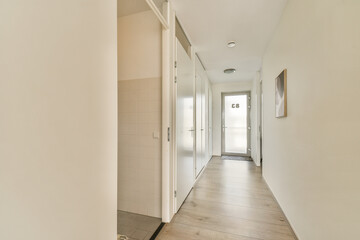 A sleek and contemporary hallway featuring light colors, wooden flooring, and minimalist design...