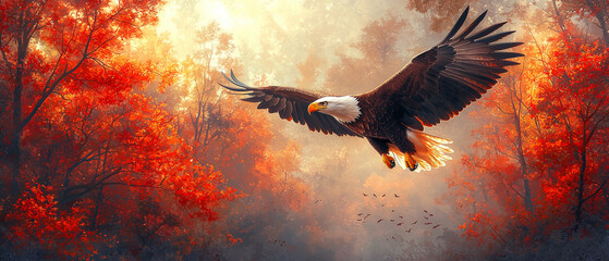 A bald eagle soaring with autumn background