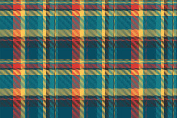 Tie tartan background pattern, colour check seamless fabric. Veil vector texture plaid textile in cyan and amber colors.