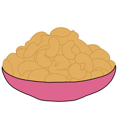A simple and inviting illustration depicts a pile of cashew nuts in a pink bowl