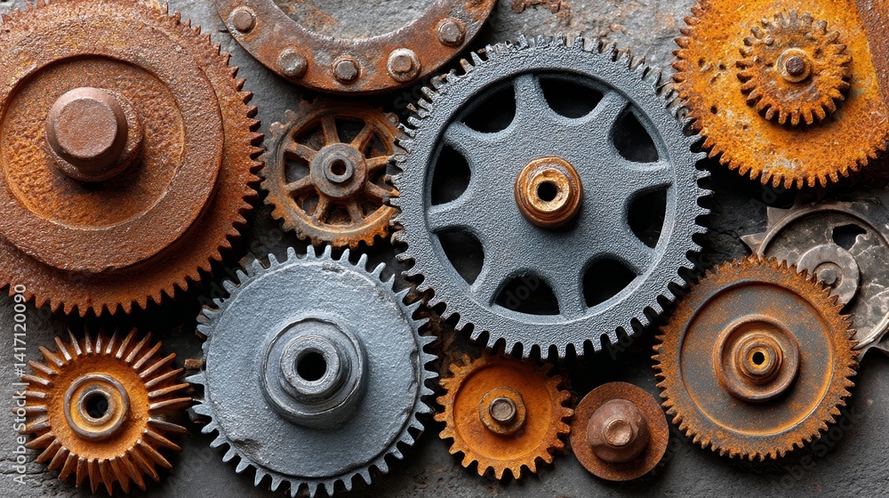 Poster rusty gears and cogs arranged in an intricate pattern, showcasing industrial design elements.