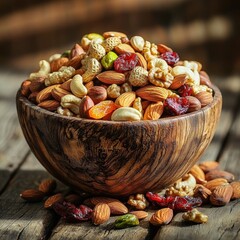 Wooden bowl overflowing with assorted nuts and dried fruits on a rustic wooden surface