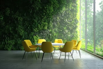 Room with wall garden, yellow chairs and white table next to big window