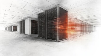 Digital servers are situated inside a futuristic technology data center