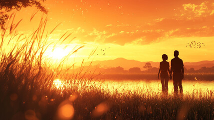 Fototapeta premium African American Senior Couple Walking Peacefully Along Waterfront at Golden Sunset