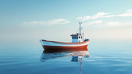 Seascapes Harmony: The serene scene depicts a fishing boat gracefully navigating the calm waters beneath a vast, serene blue sky.