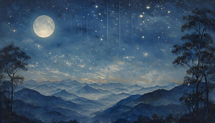 Serene Nocturnal Landscape With Mountains And Luminous Moon 