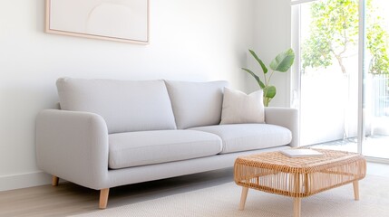 Light-filled living room with a comfortable light gray sofa and a natural woven coffee table