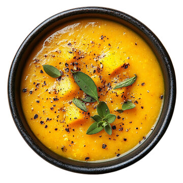 Top view of a delicious looking sopa de calabaza on a dark porcelain bowl isolated on a white transparent background.
