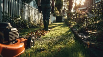 Elderly man enjoys mowing the lawn with an electric mower while wearing green boots and gloves on a bright sunny day