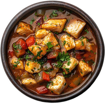 Top view of a delicious looking sopa de pescado on a dark clay bowl isolated on a white transparent background.