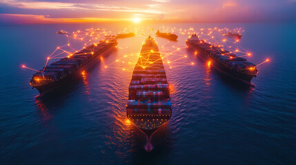 Fototapeta premium Global Connectivity: Cargo ships navigate the ocean at sunset, interconnected by a web of light, symbolizing the seamless flow of trade and the power of global connections.