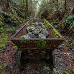 Rusty minecart filled with rocks in forest setting, moss growing on cart edges