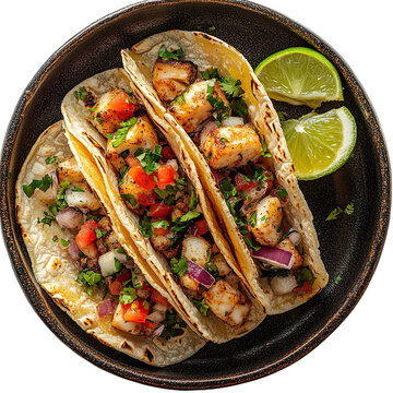 Top view of a delicious looking tacos de pescado on a dark ceramic dish isolated on a white transparent background.