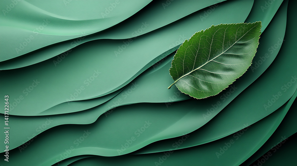 Poster a delicate green leaf rests on smooth flowing textures, evoking a calm and serene mood. ideal for na