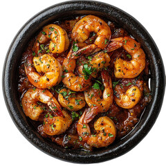Top view of a delicious looking tapas de gambas on a dark ceramic dish isolated on a white transparent background.