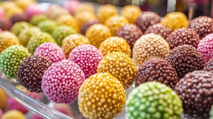 Colorful candy spheres arranged, textured surface, assorted colors, close-up view, dessert display