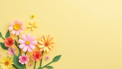 Fototapeta premium Colorful Paper Flowers On Yellow Background