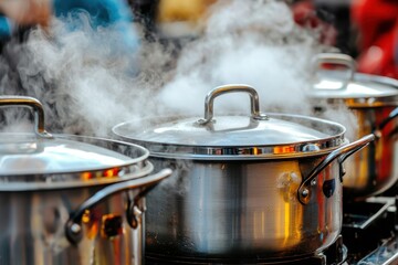 Steaming pots on a stove, cooking. Lids cover the pots with handles