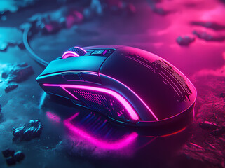 Neon Gaming Mouse: Illuminated, gaming mouse, a technological marvel, glows with neon pink and blue lights. Captured with precision, the high-tech device sits on a textured surface.